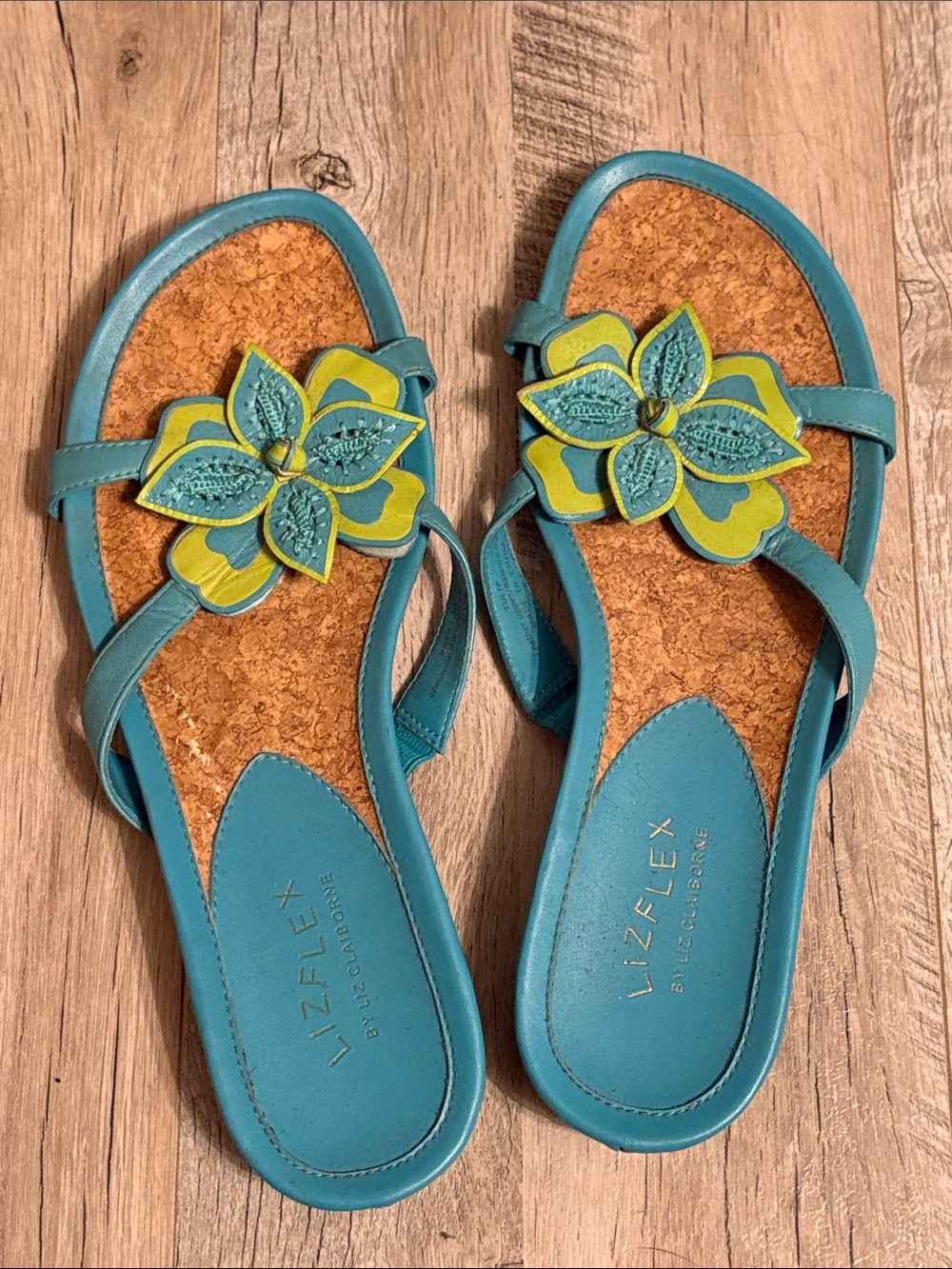 Liz Claiborne Teal Sandals with Lime Floral Accent
